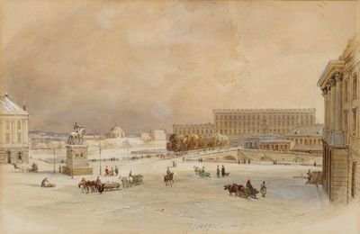 tableau représentant une vue de ville avec une calèche