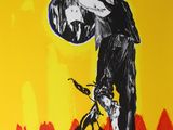a painting of a man riding a motorcycle on a yellow background