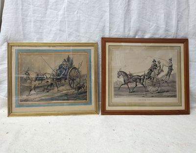 deux reproductions encadrées représentant une calèche et un homme dans une calèche