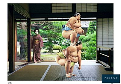 un tableau représentant deux lutteurs de sumo dans une posture d'équilibre sur les mains