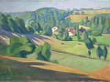 une image représentant un tableau représentant un paysage avec des arbres et des maisons