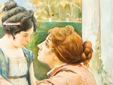 a painting of a woman helping a woman put on a dress