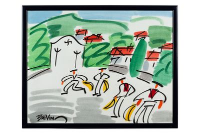 tableau représentant un groupe de personnes faisant du vélo dans une rue