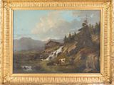 tableau représentant un paysage de montagne avec du bétail paissant près d'un ruisseau
