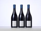 three bottles of red wine sit on a table next to each other