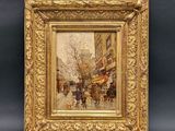 a painting of a street scene with a horse drawn carriage