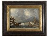 a painting of a winter scene with a horse drawn carriage in the foreground
