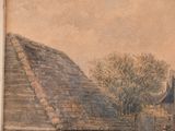 a picture of a painting of a farm with a cow