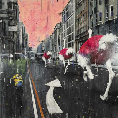 a painting of a man riding a horse down the street