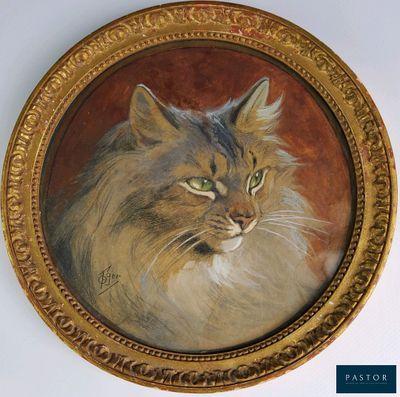 un tableau représentant un chat, dans un cadre doré, accroché au mur