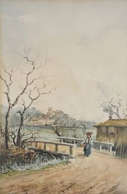 un tableau représentant un homme et une femme marchant sur un chemin de terre