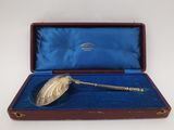 an antique silver plate spoon in a blue box on a white surface
