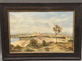 une peinture d'un paysage avec des arbres et une rivière au premier plan