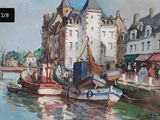 painting of boats docked in a harbor with buildings in the background