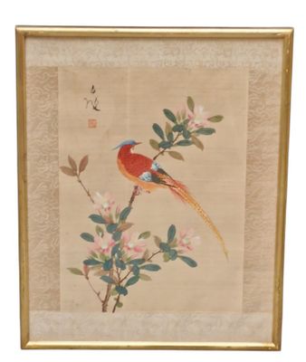 tableau représentant un oiseau perché sur une branche d'un arbre en fleurs