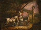 tableau représentant un homme conduisant un groupe de chevaux dans une écurie