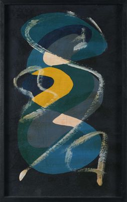 a painting of a blue, yellow and green swirl on a black background