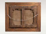 a picture of an old wooden window with a chain hanging from it