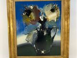 an oil painting of a vase with flowers in it on a table