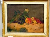 tableau représentant une nature morte composée de fruits et de fleurs, dans un cadre doré