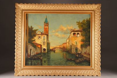 an oil painting of a canal with a clock tower in the background