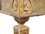 a table that has a marble top on it