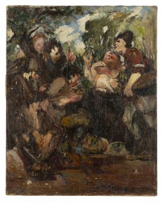 une image d'une peinture représentant un groupe de personnes jouant des instruments