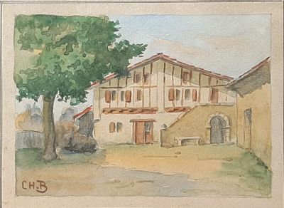 une aquarelle représentant un bâtiment avec un arbre devant