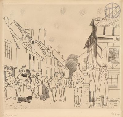 drawing of a group of people standing in front of a building