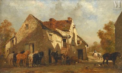 painting of a group of horses in front of a farm house