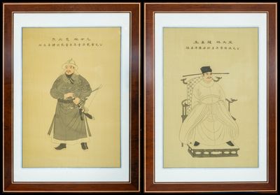 two framed chinese paintings of a man and a woman in traditional clothing