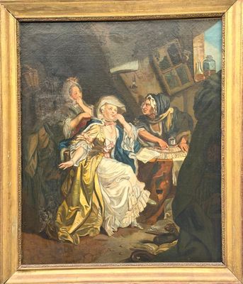 une image représentant un tableau où l'on voit une femme assise à une table, entourée d'autres personnes
