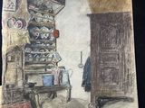 a drawing of a drawing of a kitchen with a cat on the floor