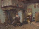 a painting of a woman sitting in a chair by a fireplace