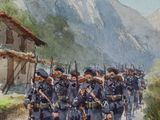 painting of a group of soldiers marching down a road in front of a mountain
