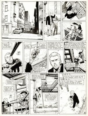 une image en noir et blanc tirée d'une bande dessinée, représentant un homme sur une échelle