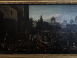 painting of a painting of a group of people outside a building