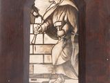 l'image d'un tableau représentant une femme tenant un oiseau, dans un cadre en bois
