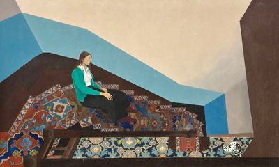 a painting of a woman sitting on a stair case