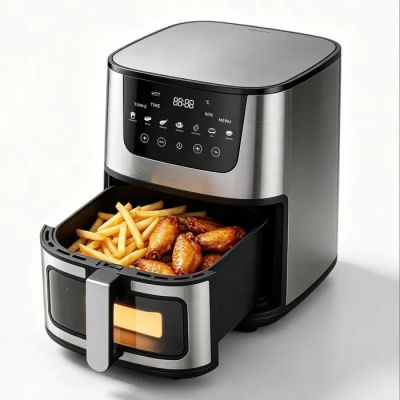 une friteuse à air chaud contenant des frites, posée sur une surface blanche