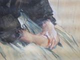 a painting of a person sitting on a couch