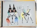 drawing of a group of people in costumes on a page in a book