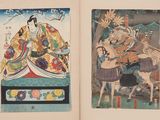 four paintings of people riding horses in a row on a wall