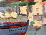 painting of a boat in a body of water with other boats in the background