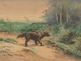 un tableau représentant un chien qui se promène sur un sentier