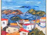 an oil painting of a view of a beach with houses and trees