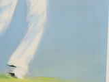 a painting of a person walking on a green field
