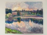 une aquarelle représentant un paysage avec un lac au premier plan