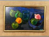 un tableau représentant des fruits et un vase posés sur une table