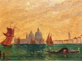 painting of a view of venice with a gondola in the foreground and boats in the foreground